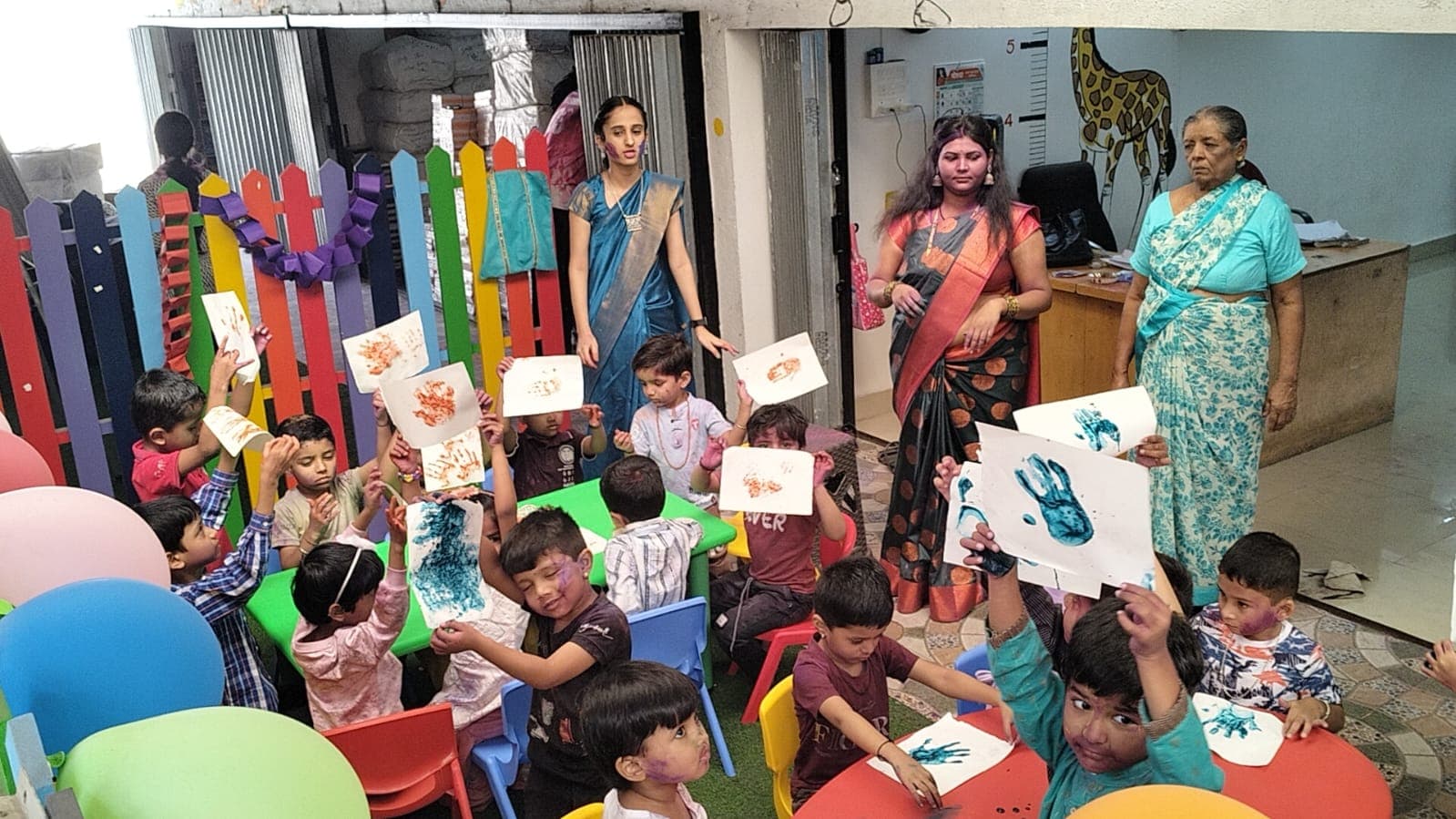 Classroom art activity with teachers and children